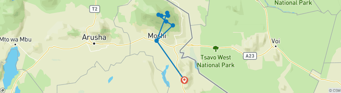 Kaart van Kilimanjaro-beklimming - via de Rongai-route - 7 dagen