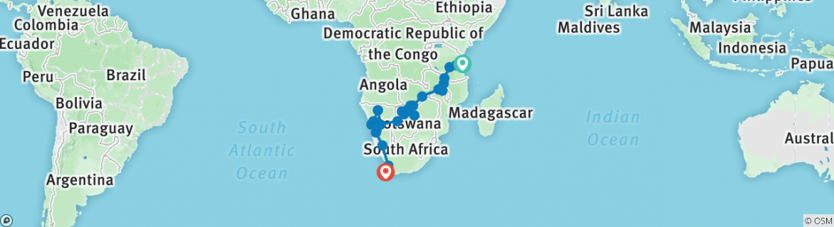 Karte von Von Sansibar nach Kapstadt (Camping) - 34 Tage