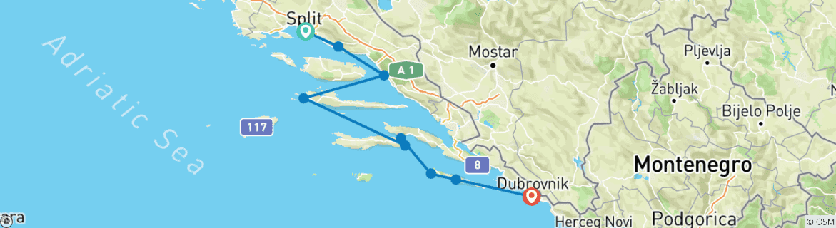 Image of a map showing the route of the tour