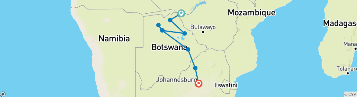 Carte du circuit Safari au Botswana en famille avec des adolescents