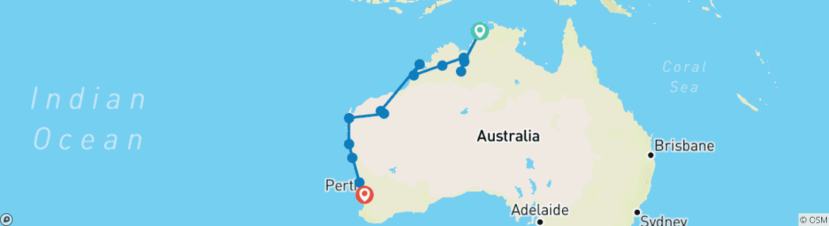 Mapa de Darwin a Perth por tierra