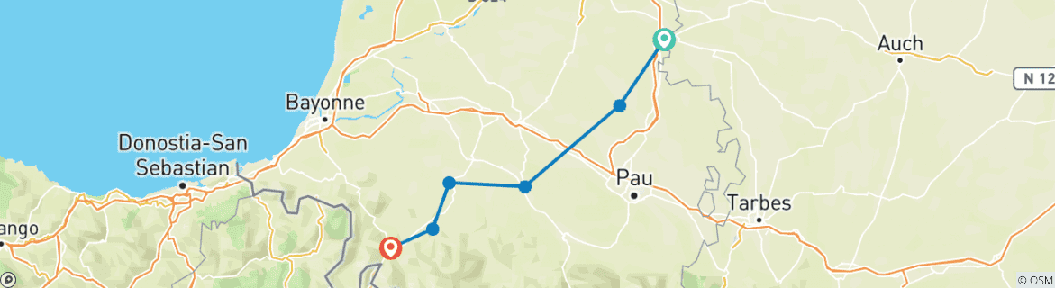 Karte von Le Puy Camino - Aire sur l'Adour zu den Pyrenäen