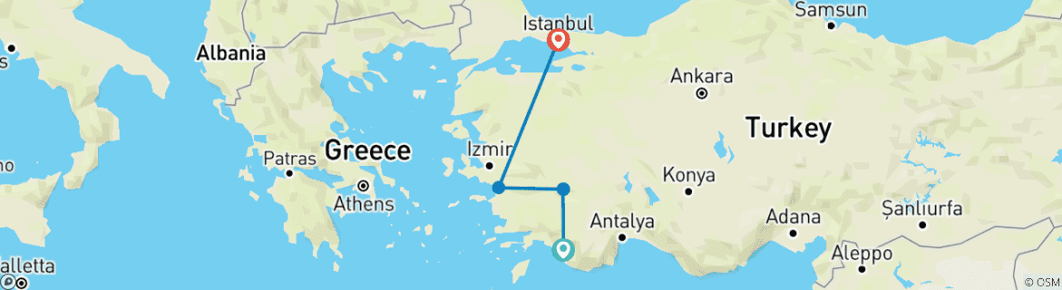 Karte von Fethiye nach Istanbul über Pamukkale und Ephesus - 6 Tage