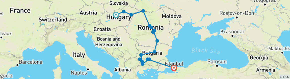 Image of a map showing the route of the tour