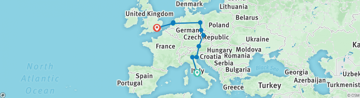 Map of Rome to London Quest (Summer, 10 Days)