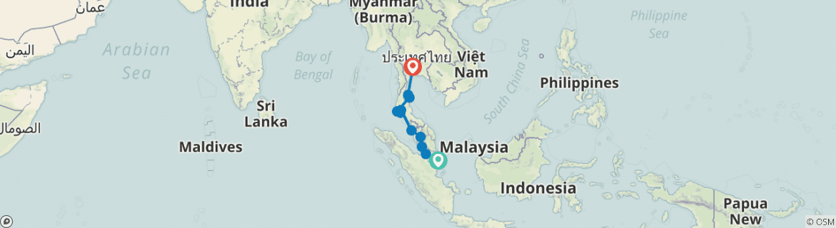 Mapa de Abono de transporte de Singapur a Bangkok