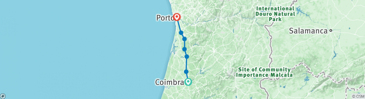 Kaart van De Portugese Camino – van Coimbra naar Porto