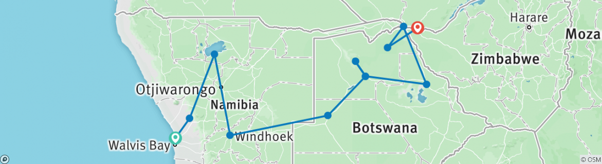 Mapa de 12 días Etosha y delta del Okavango exprés - campamento