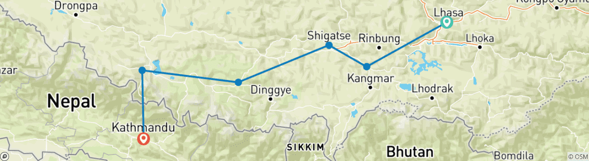 Map of 08 days Tour from Lhasa to Everest Base Camp and drive to Kathmandu via Kerung