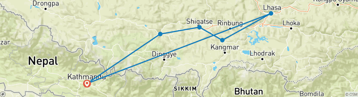 Map of 08 days Kathmandu - Everest Base Camp - Lhasa- Overland Tour in Tibet