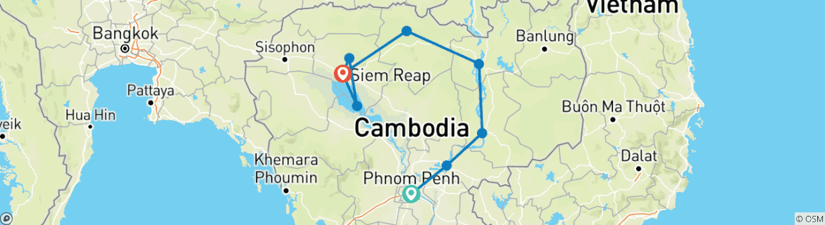 Map of Journey along the Mekong to Angkor 9-Day Tour