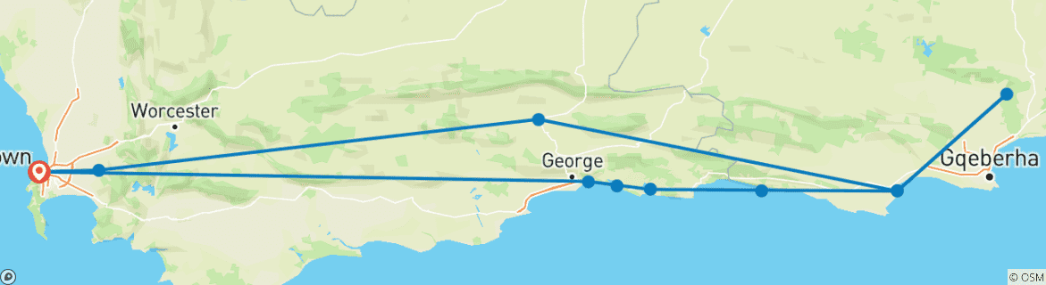 Carte du circuit 7 jours Route des jardins, Cape Point et Winelands Combo