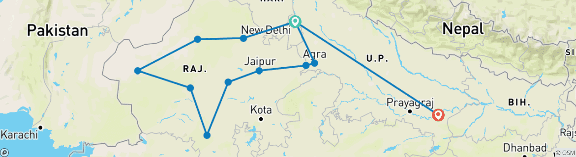 Image of a map showing the route of the tour