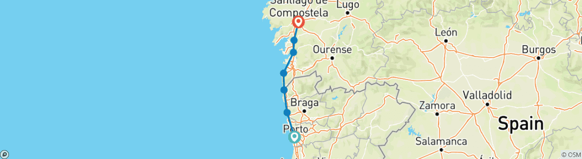 Map of Porto to Santiago de Compostela BikeTour The Coastal Way to St. James - "easy" -Guided