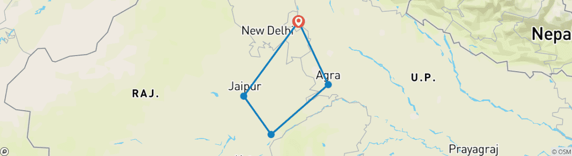 Mapa de Viaje al Triángulo de Oro con Ranthambore