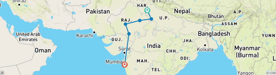 Image of a map showing the route of the tour