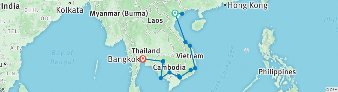 Map of Hanoi to Bangkok (via Cambodia) Travel Pass