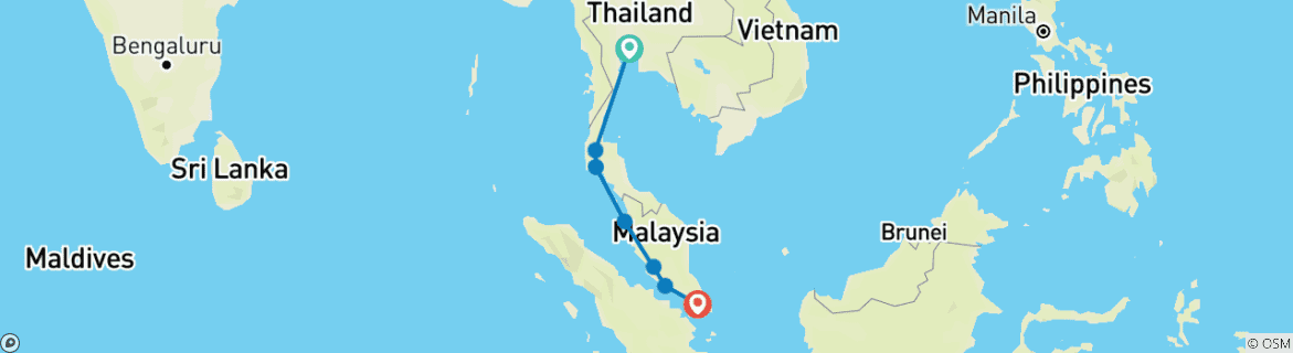 Kaart van Authentieke reis van Bangkok naar Singapore (7 bestemmingen)