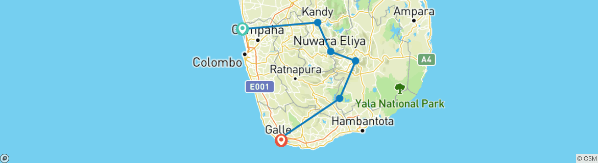 Image of a map showing the route of the tour