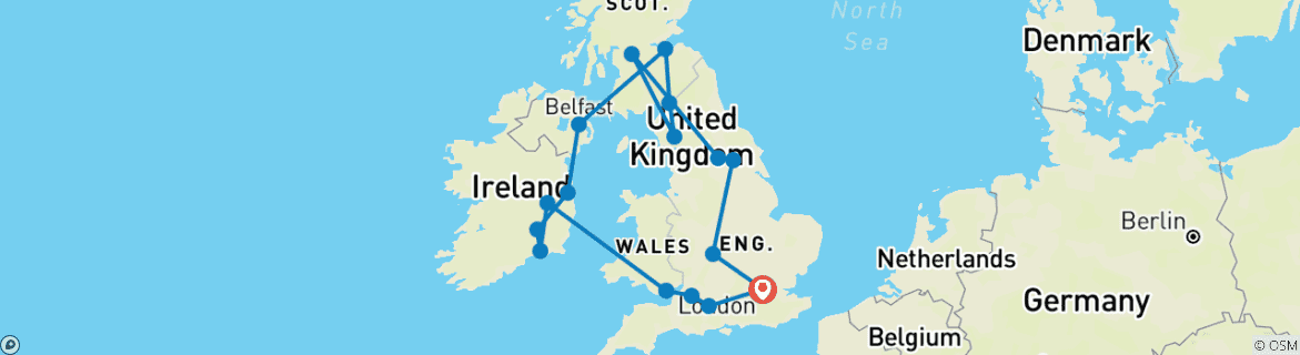 Carte du circuit Points forts de la Grande-Bretagne et de l'Irlande (nuits à Londres)