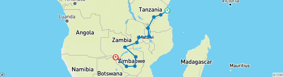 Map of Zanzibar to Vic Falls