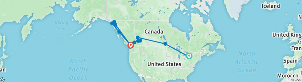 Carte du circuit Odyssée du train canadien avec croisière en Alaska