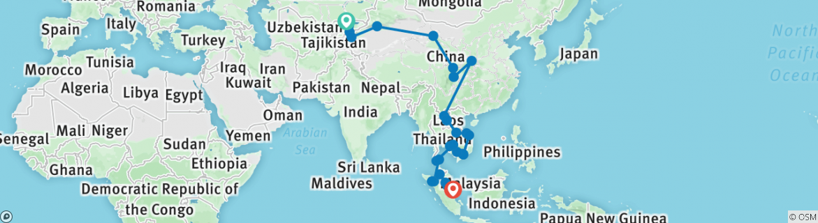 Map of Bishkek To Singapore (15 Weeks)