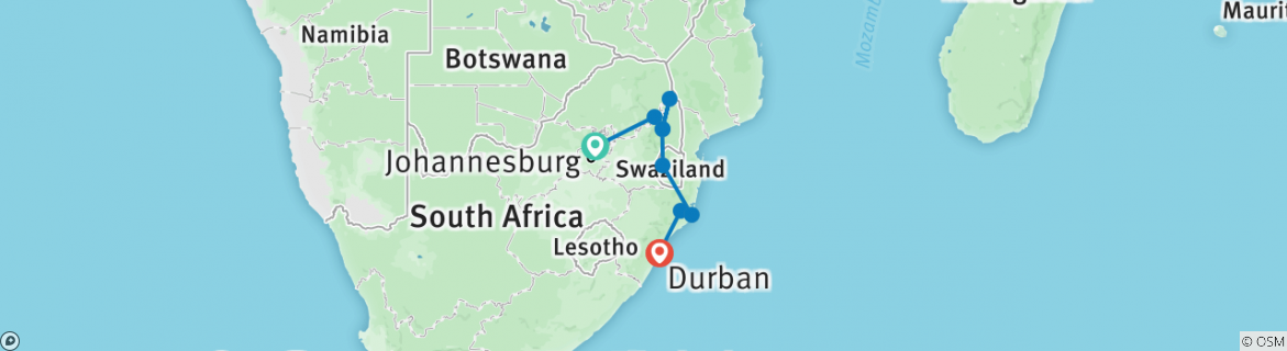 Map of 7-day Kruger, Eswatini & Durban (Camping)