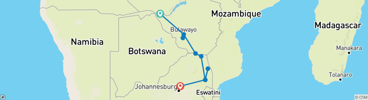 Map of 7-day Victoria Falls to Kruger (Accommodated)