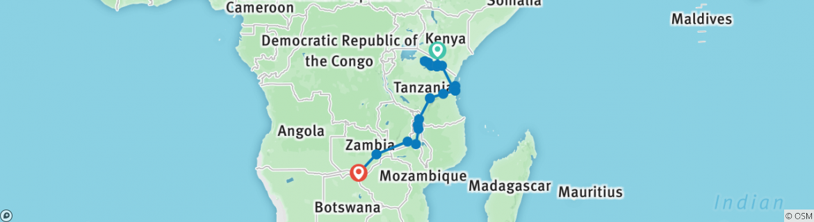 Map of 21-day Serengeti to Victoria Falls (Camping)