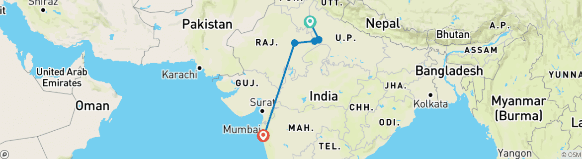 Image of a map showing the route of the tour