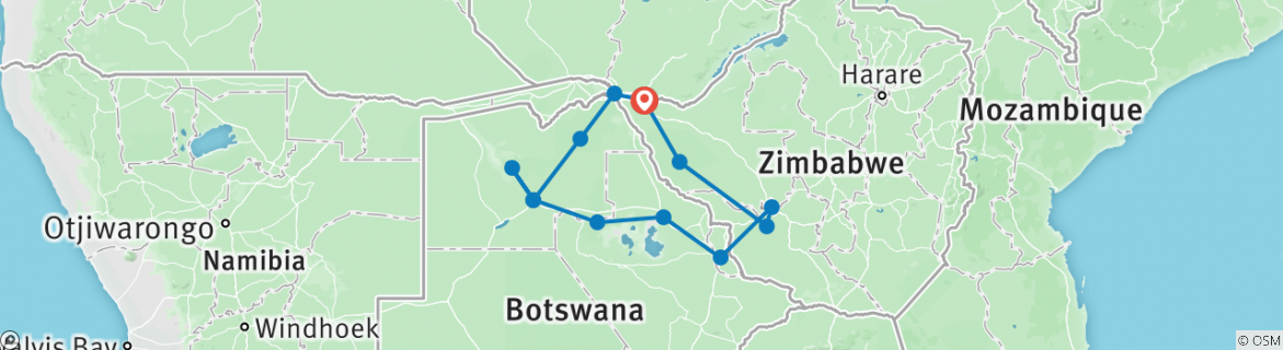 Map of Botswana & Zimbabwe Lodge Safari