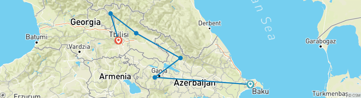 Image of a map showing the route of the tour