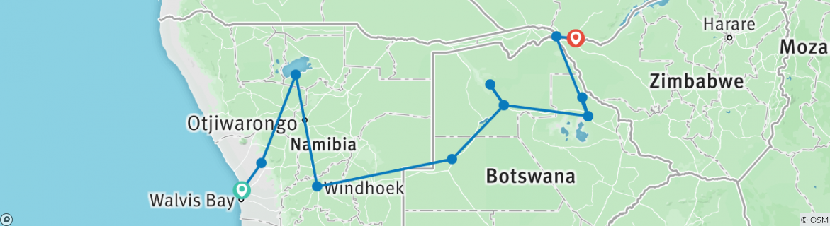 Mapa de 12 días Etosha y Delta del Okavango exprés - alojamiento