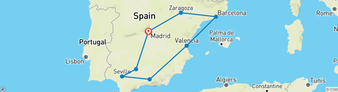 Kaart van Andalusië, de Middellandse Zeekust & Barcelona – vanuit Madrid – 7 dagen