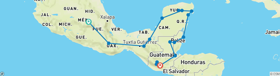 Image of a map showing the route of the tour