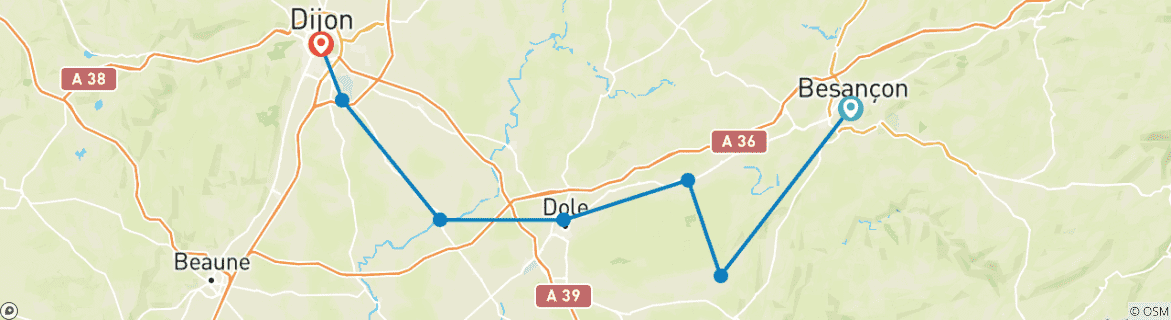 Map of Remarkable Sites and Fine Wines on a Cruise through Burgundy and the Doubs Valley (port-to-port cruise)