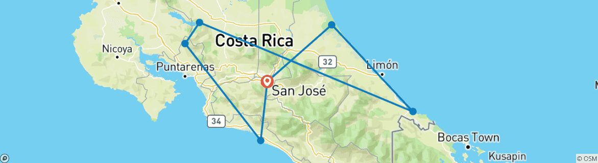 Carte du circuit Le meilleur du Costa Rica - de la côte caraïbe à la côte pacifique