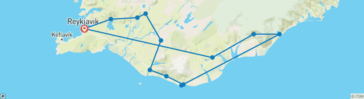 Mapa de 3 días en el Círculo Dorado, Costa Sur, la laguna de Jökulsárlón y la cueva de hielo
