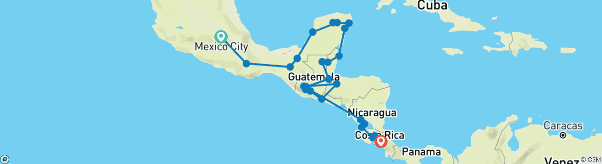 Image of a map showing the route of the tour