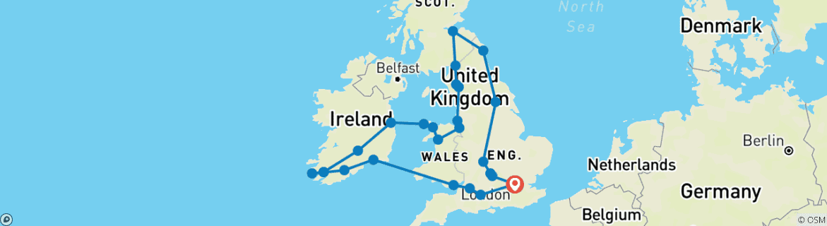 Kaart van De wonderen van Groot-Brittanië & Ierland - 15 dagen