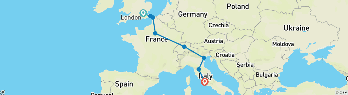 Map of London to Rome Highlights (8 Days)