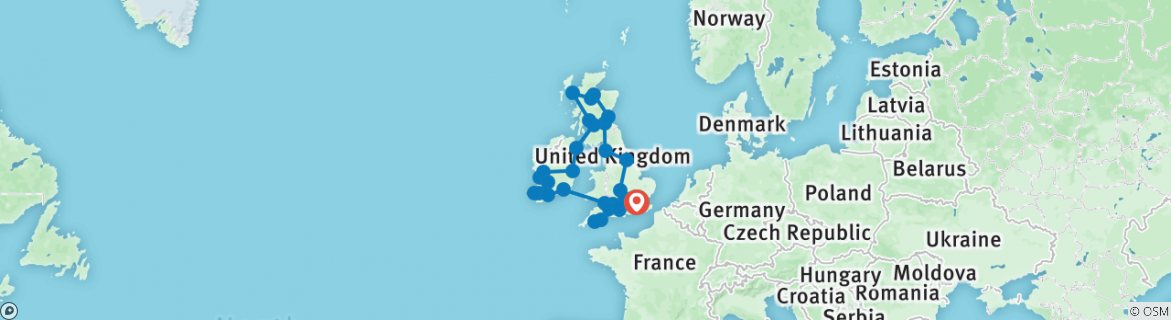 Carte du circuit La Grande-Bretagne et l'Irlande romantiques - petits groupes - 18 jours