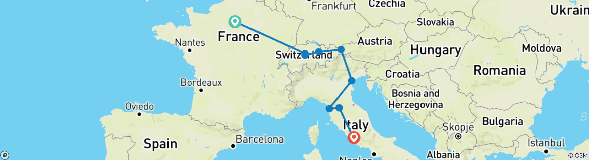 Map of Road to Rome (Small Groups, Start Paris, 12 Days)