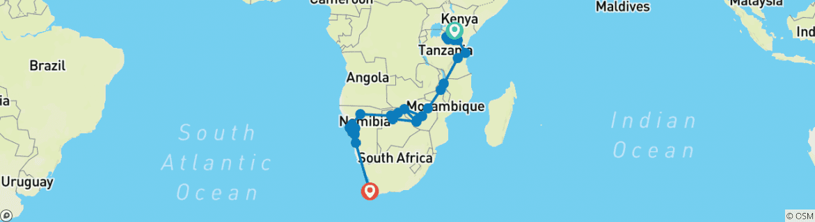 Carte du circuit De Nairobi au Cap - 56 jours Côte à côte