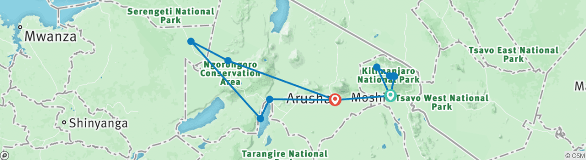 Map of Kilimanjaro - Lemosho Route & Serengeti Adventure