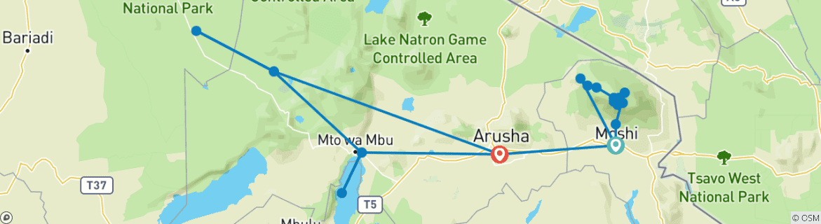 Carte du circuit Kilimandjaro - Itinéraire Lemosho et Serengeti