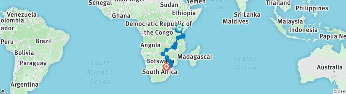 Karte von Masai Mara nach Victoria Falls & Kruger (mit Unterkunft) - 31 Tage