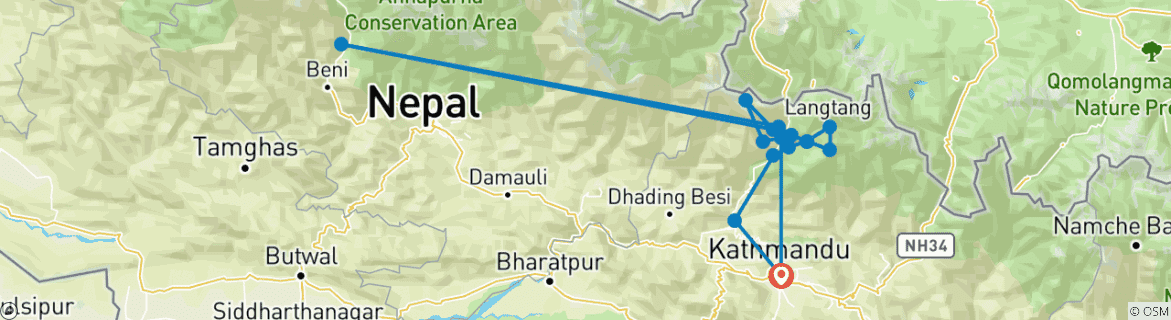 Carte du circuit Trek de l'héritage Tamang et de la vallée du Langtang