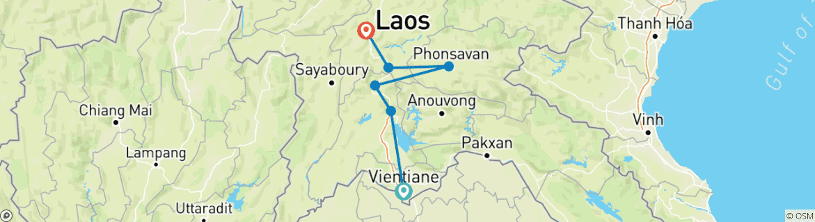 Map of Cycle Vientiane to Luang Prabang - 11 Days